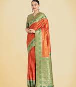 orange  silk blend banarasi jacuard work saree with unstitched blouse piece