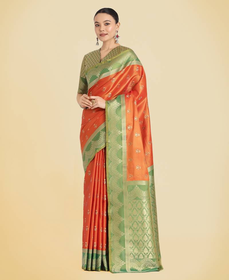 orange  silk blend banarasi jacuard work saree with unstitched blouse piece