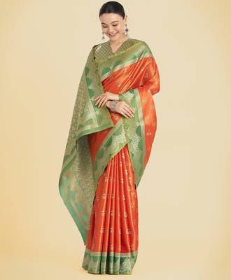 orange  silk blend banarasi jacuard work saree with unstitched blouse piece 2