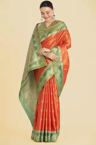 orange  silk blend banarasi jacuard work saree with unstitched blouse piece