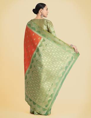 orange  silk blend banarasi jacuard work saree with unstitched blouse piece 3