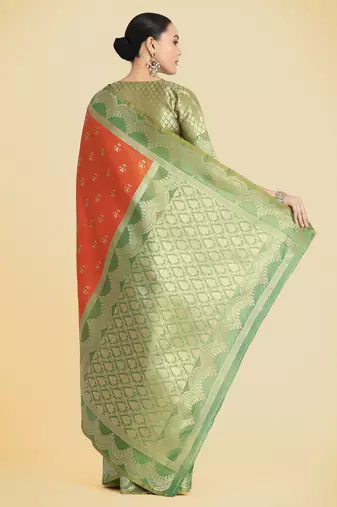 orange  silk blend banarasi jacuard work saree with unstitched blouse piece