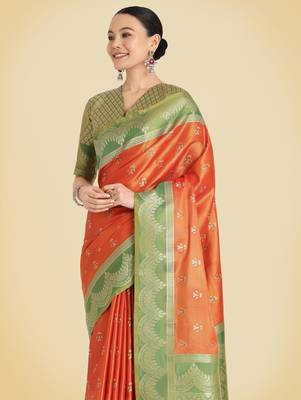orange  silk blend banarasi jacuard work saree with unstitched blouse piece 4