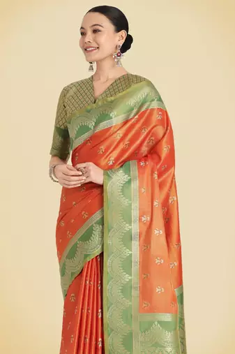 orange  silk blend banarasi jacuard work saree with unstitched blouse piece