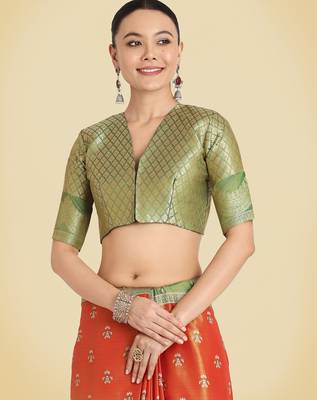 orange  silk blend banarasi jacuard work saree with unstitched blouse piece 5