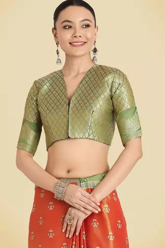 orange  silk blend banarasi jacuard work saree with unstitched blouse piece