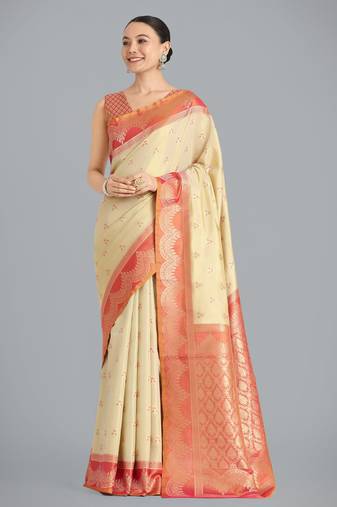 cream  silk blend banarasi jacuard work saree with unstitched blouse piece