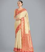 cream  silk blend banarasi jacuard work saree with unstitched blouse piece