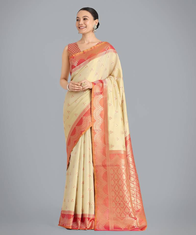 cream  silk blend banarasi jacuard work saree with unstitched blouse piece