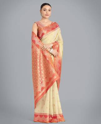cream  silk blend banarasi jacuard work saree with unstitched blouse piece 2