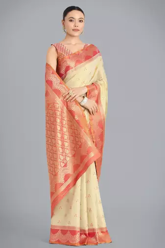 cream  silk blend banarasi jacuard work saree with unstitched blouse piece