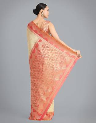 cream  silk blend banarasi jacuard work saree with unstitched blouse piece 3