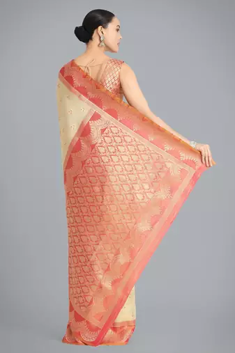 cream  silk blend banarasi jacuard work saree with unstitched blouse piece