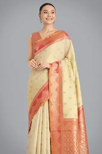 cream  silk blend banarasi jacuard work saree with unstitched blouse piece