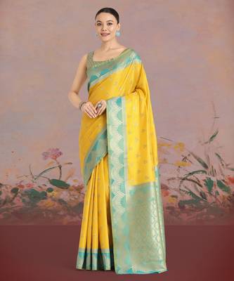 yellow silk blend banarasi jacuard work saree with unstitched blouse piece 1
