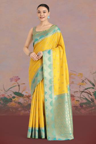 yellow silk blend banarasi jacuard work saree with unstitched blouse piece