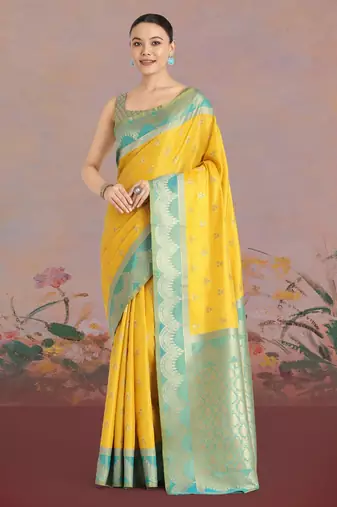 yellow silk blend banarasi jacuard work saree with unstitched blouse piece