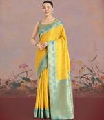 yellow silk blend banarasi jacuard work saree with unstitched blouse piece