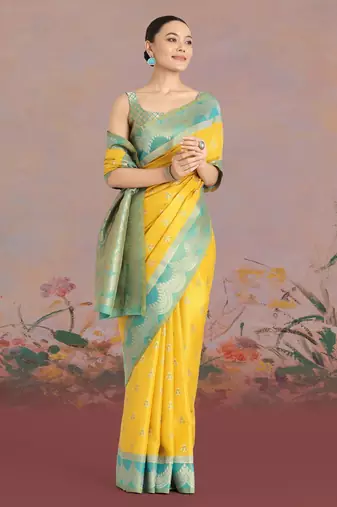 yellow silk blend banarasi jacuard work saree with unstitched blouse piece