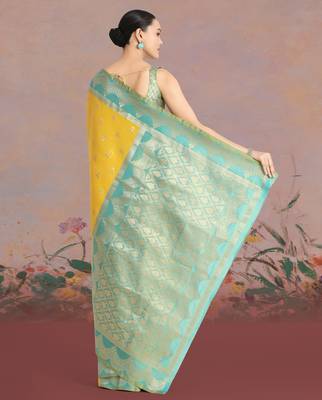 yellow silk blend banarasi jacuard work saree with unstitched blouse piece 3