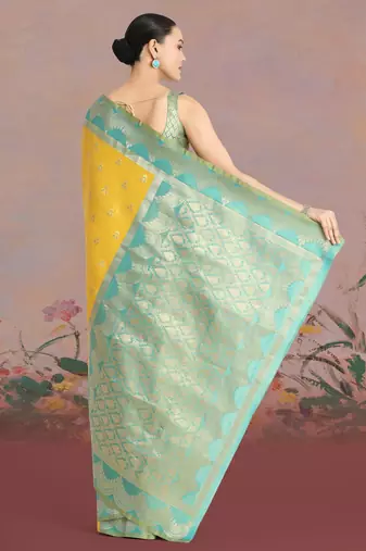 yellow silk blend banarasi jacuard work saree with unstitched blouse piece