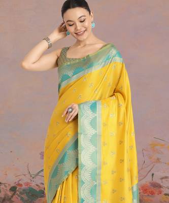 yellow silk blend banarasi jacuard work saree with unstitched blouse piece 4