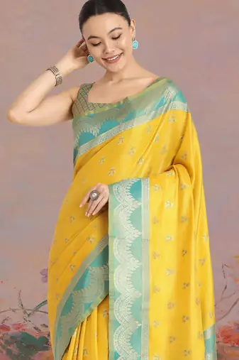yellow silk blend banarasi jacuard work saree with unstitched blouse piece
