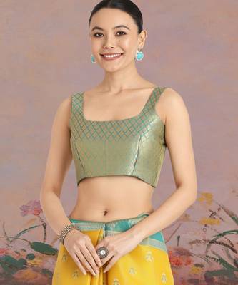 yellow silk blend banarasi jacuard work saree with unstitched blouse piece 5
