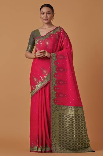 pink silk blend banarasi jacuard work saree with unstitched blouse piece