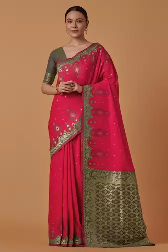 pink silk blend banarasi jacuard work saree with unstitched blouse piece