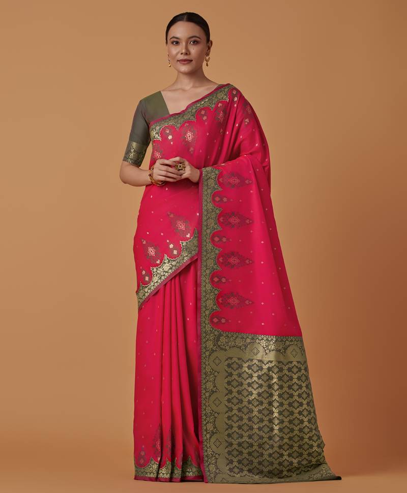 pink silk blend banarasi jacuard work saree with unstitched blouse piece