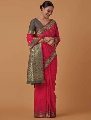 pink silk blend banarasi jacuard work saree with unstitched blouse piece 2