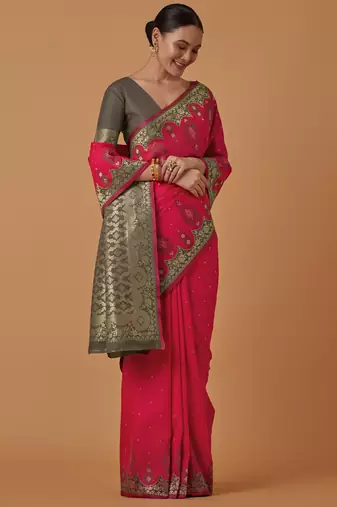 pink silk blend banarasi jacuard work saree with unstitched blouse piece