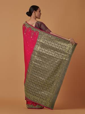 pink silk blend banarasi jacuard work saree with unstitched blouse piece 3