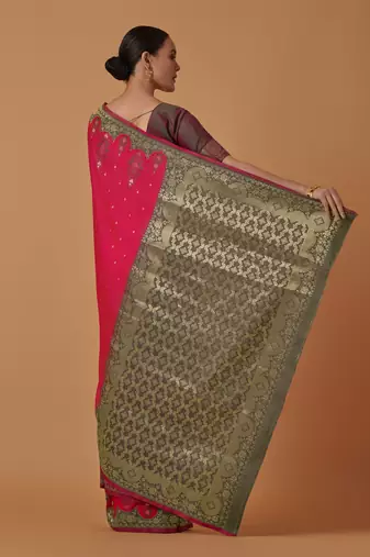 pink silk blend banarasi jacuard work saree with unstitched blouse piece