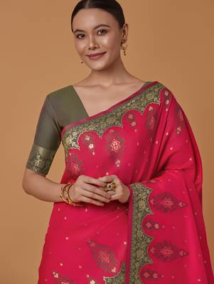 pink silk blend banarasi jacuard work saree with unstitched blouse piece 4