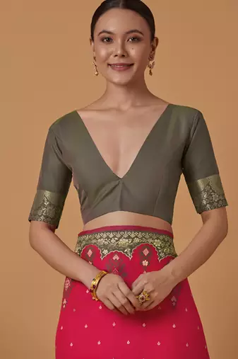 pink silk blend banarasi jacuard work saree with unstitched blouse piece