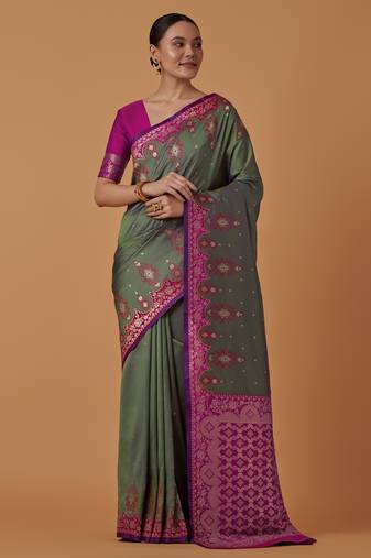 sea green silk blend banarasi jacuard work saree with unstitched blouse piece