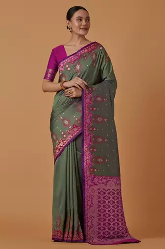 sea green silk blend banarasi jacuard work saree with unstitched blouse piece