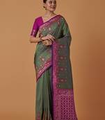 sea green silk blend banarasi jacuard work saree with unstitched blouse piece