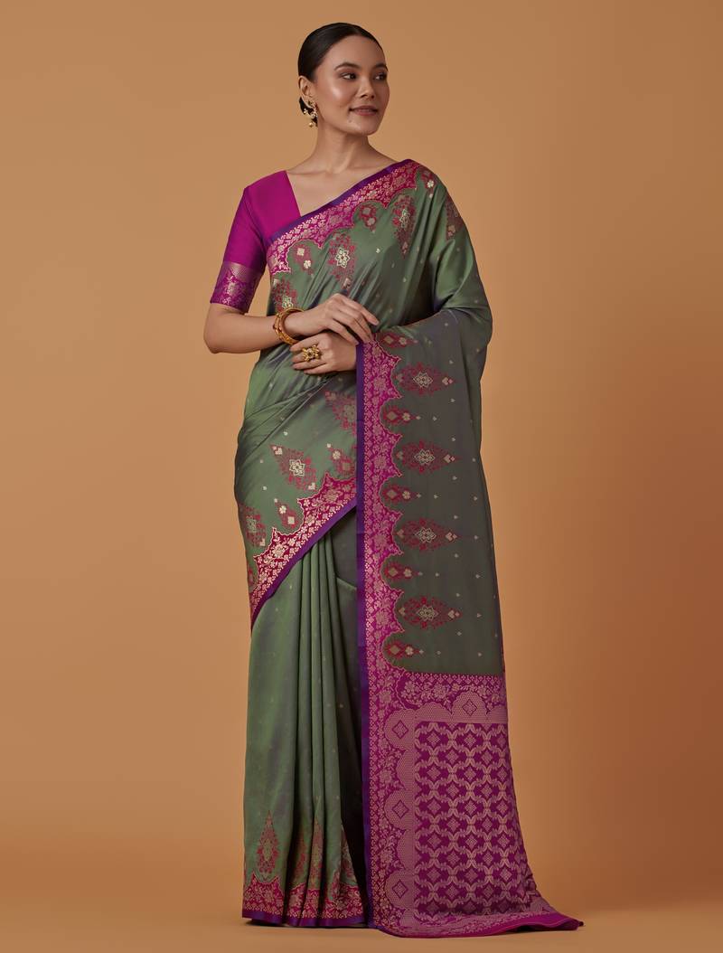 sea green silk blend banarasi jacuard work saree with unstitched blouse piece