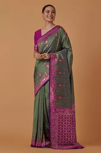 sea green silk blend banarasi jacuard work saree with unstitched blouse piece