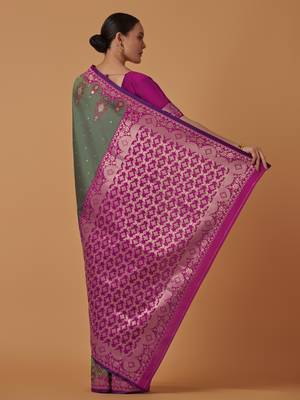 sea green silk blend banarasi jacuard work saree with unstitched blouse piece 3