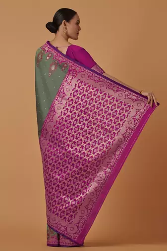 sea green silk blend banarasi jacuard work saree with unstitched blouse piece