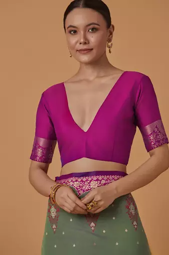 sea green silk blend banarasi jacuard work saree with unstitched blouse piece