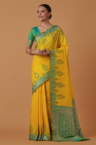 yellow silk blend banarasi jacuard work saree with unstitched blouse piece