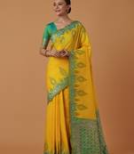 yellow silk blend banarasi jacuard work saree with unstitched blouse piece