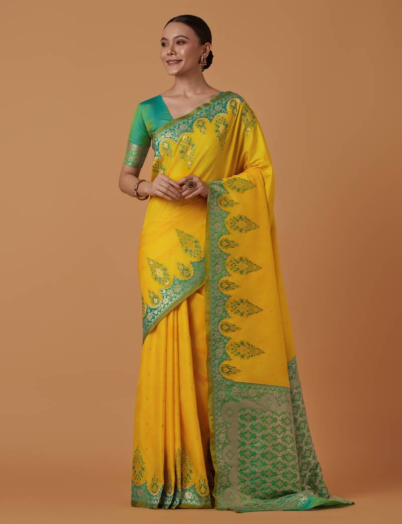 yellow silk blend banarasi jacuard work saree with unstitched blouse piece