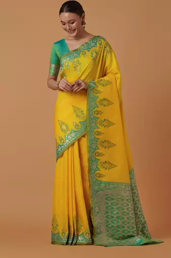 yellow silk blend banarasi jacuard work saree with unstitched blouse piece