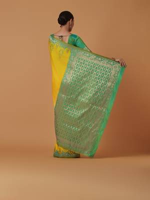 yellow silk blend banarasi jacuard work saree with unstitched blouse piece 3